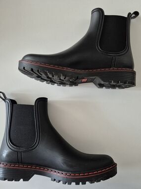 Women's Black Chelsea Rain Boots with Red Trim